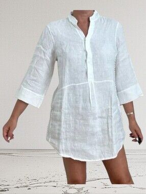 LAURA BIANCHI ITALY Coverup White Linen Tunic L